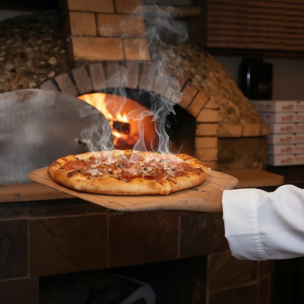 A steaming hot Sal's Famous Pizzeria pizza on a wooden peel, pulled from a brick oven.